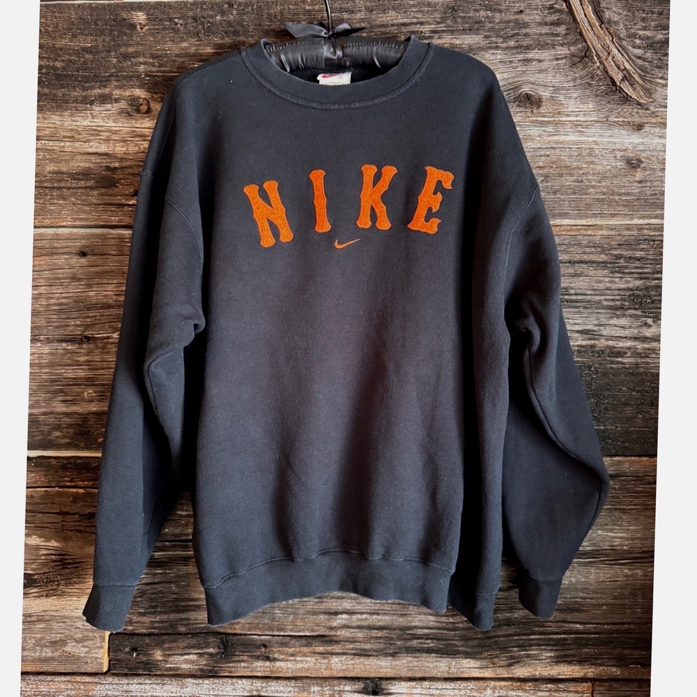Vintage 90s Nike Made USA Black Appliqué Logo Crewneck Sweatshirt XL - Picture 12 of 16